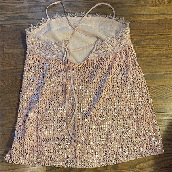 Free People Pale pink Sequin Lace Trim Spaghetti Strap Mini dress - Picture 3 of 4